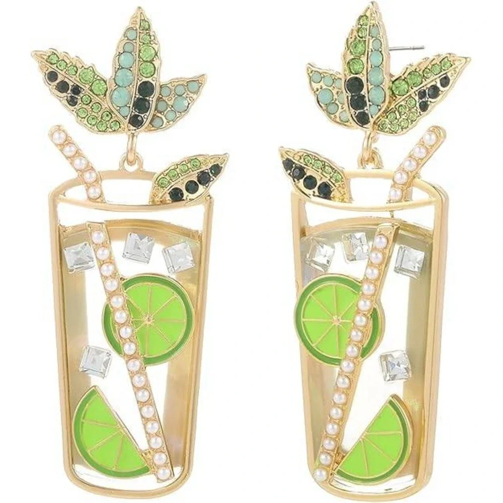 Cocktail Earrings Fun Statement Sparkle Rhinestone Lime Mint Mojito Vacation - Picture 3 of 6